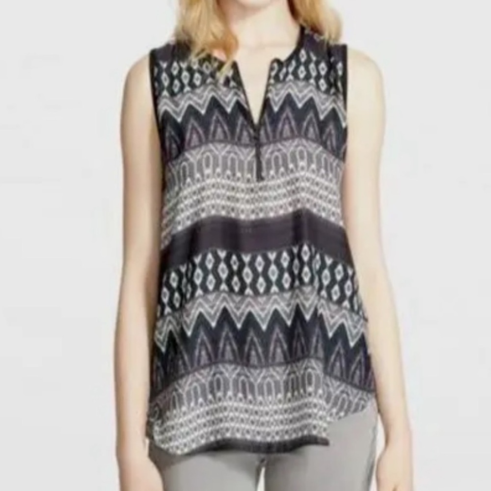 L'agence Tank Top Womens Sleeveless Blouse Geometric Green Black Zip Sz 6